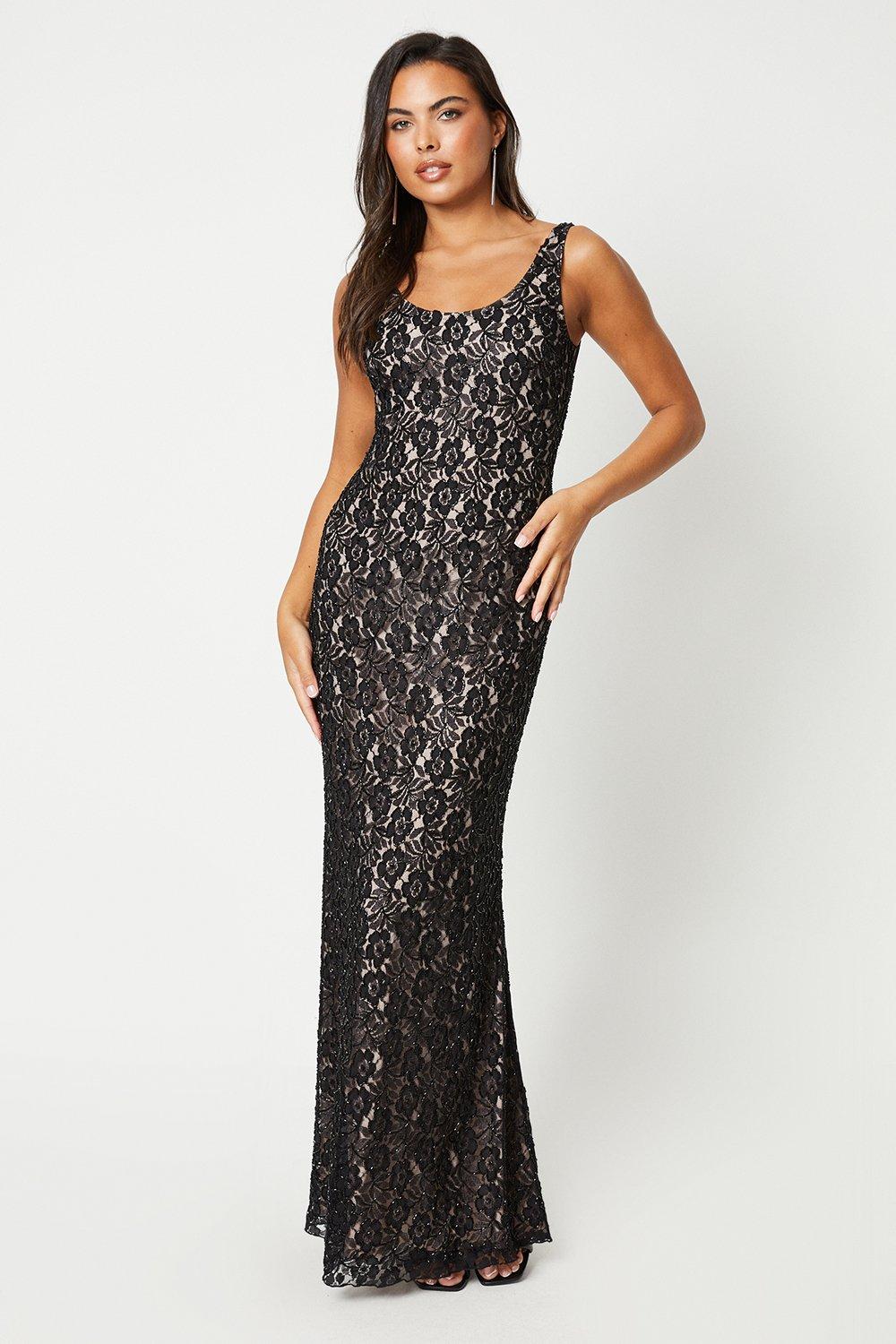 Embellished Lace Column Gown - Black