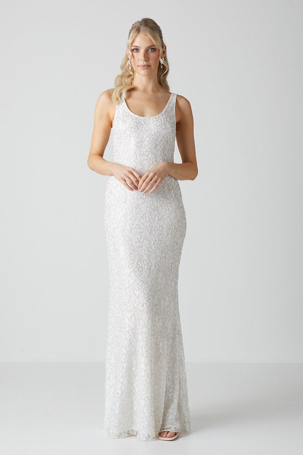 Embellished Lace Column Maxi Wedding Dress - Ivory