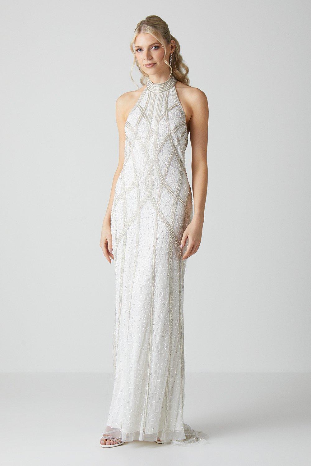 Halterneck Contour Pearl Embellished Fishtail Wedding Dress - Ivory