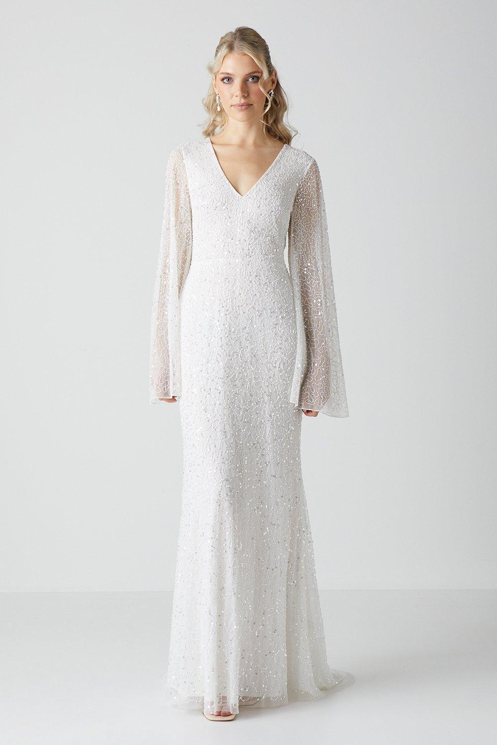 V Neck All Over Embellished Flare Sleeve Wedding Dress - Ivory