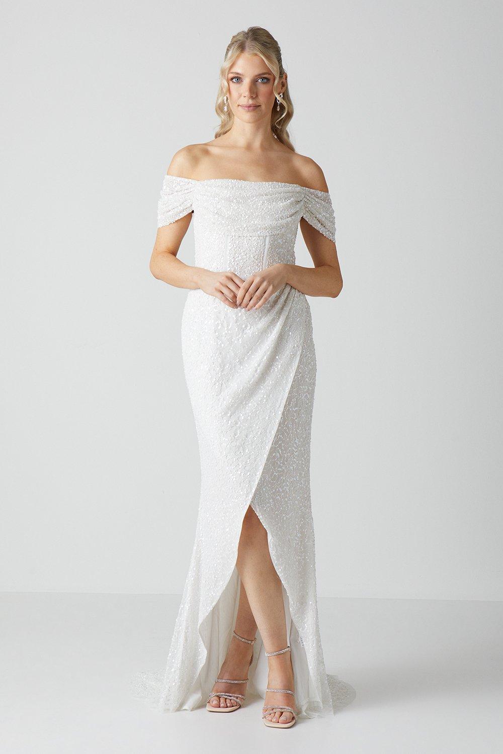 Draped Bardot Cap Sleeve Wrap Skirt Wedding Dress - Ivory