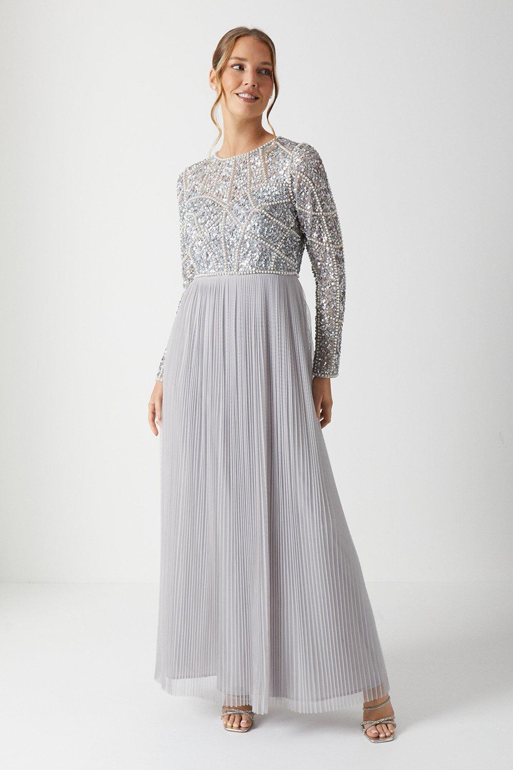Pearl Embellished Long Sleeve Pleated Bridesmaids Maxi Dress - Grey Mist