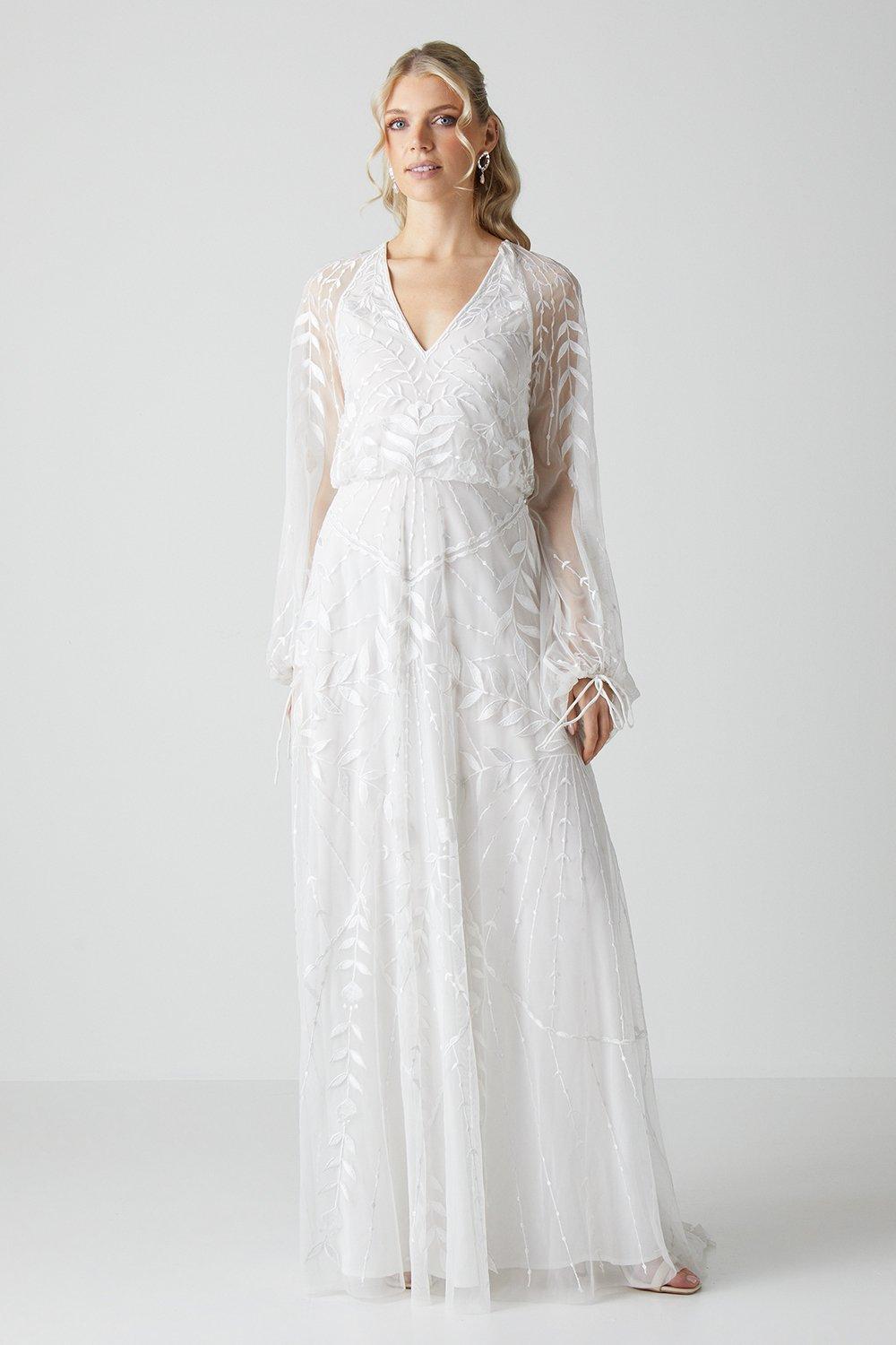 Boho Embroidered Blouson Sleeve Wedding Dress - Ivory