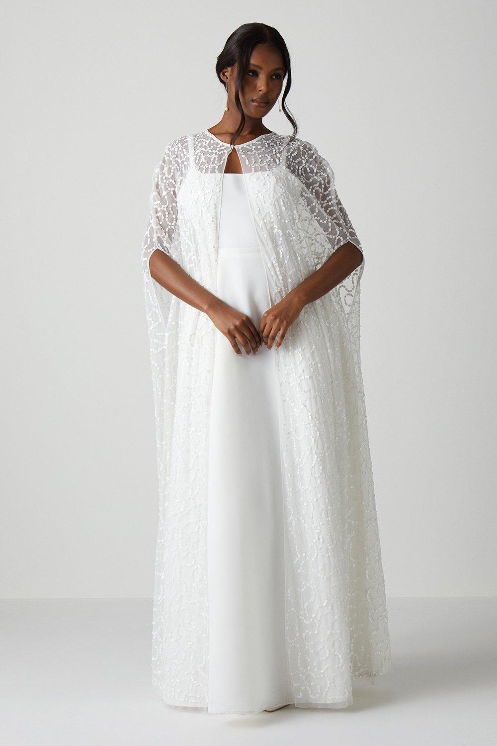 All Over Sequin Embellished Maxi Bridal Cape - Ivory