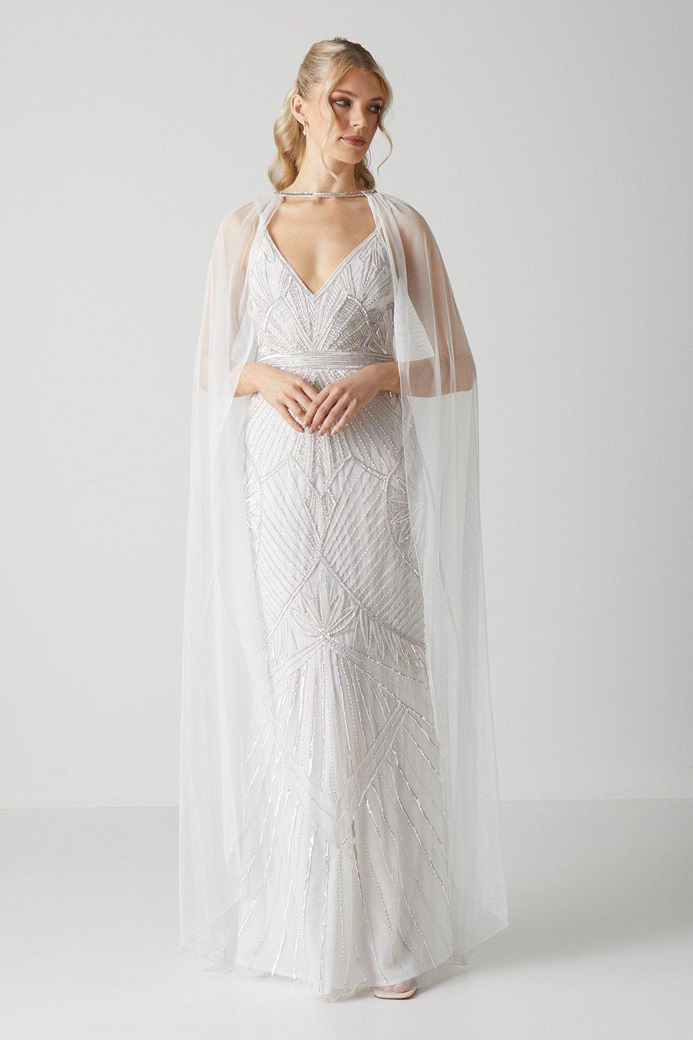 Premium Mesh Bridal Cape With Embellished Trim - Ivory