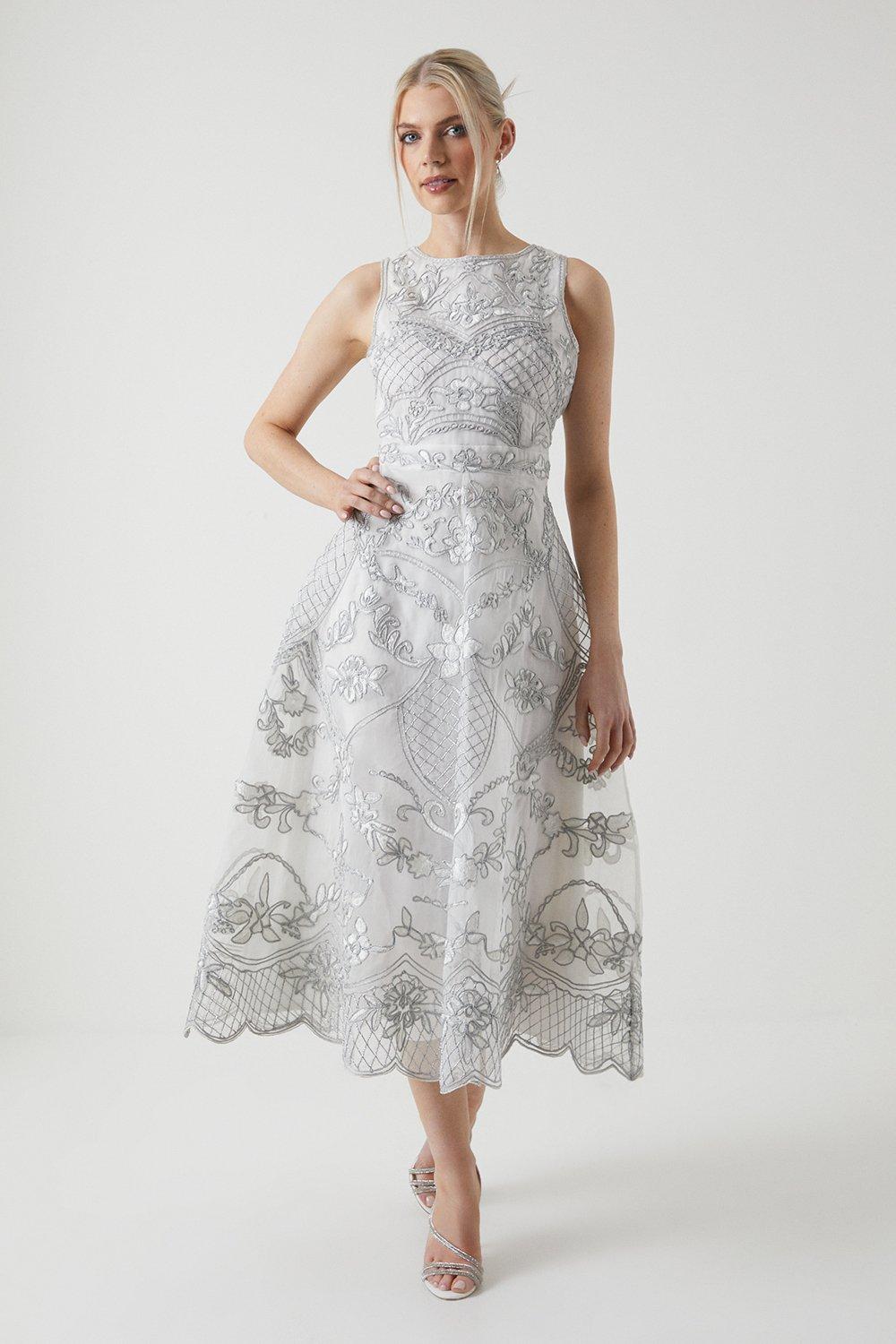 Premium Metallic Embroidered Organza Midi Wedding Dress - Ivory