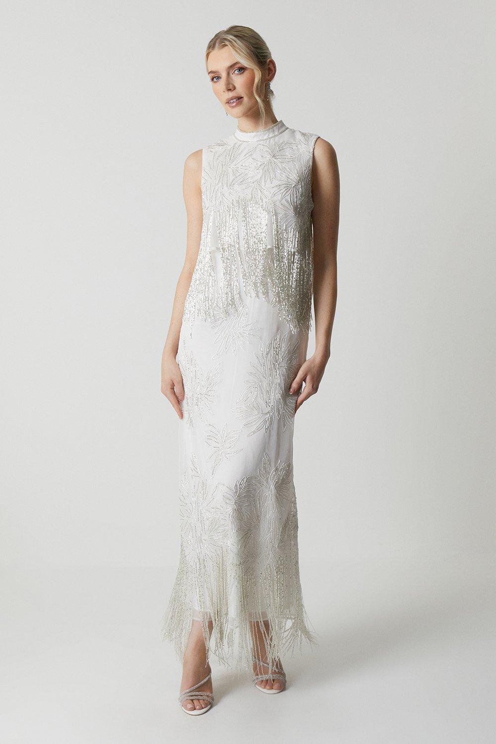 Premium Organza Overlay Beaded Fringe Column Wedding Dress - Ivory