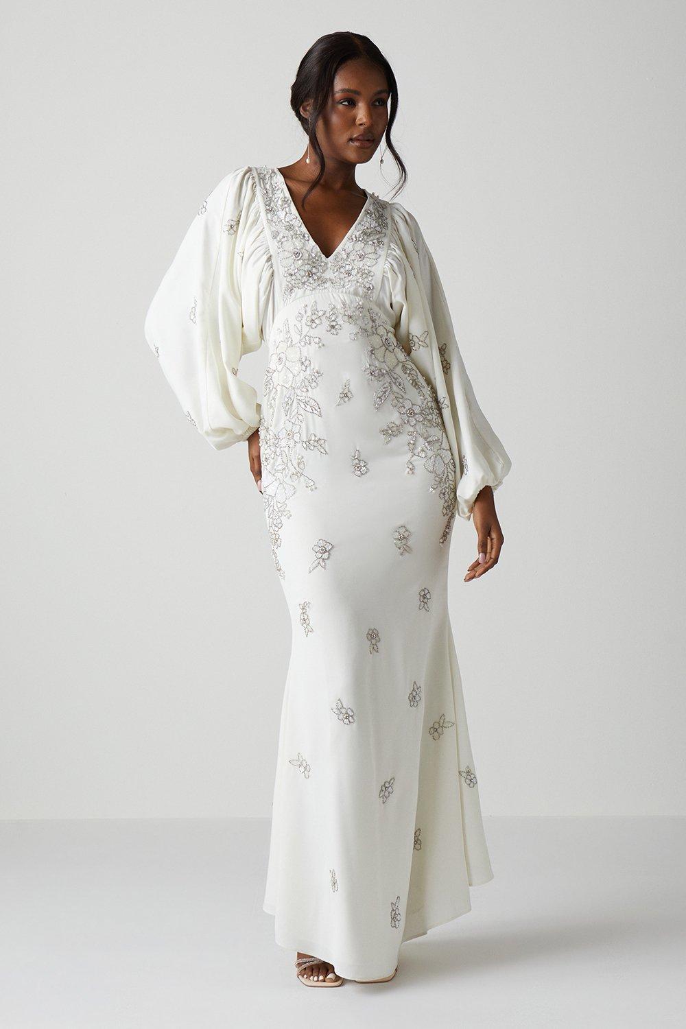 Premium V Neck Blouson Sleeve Embellished Wedding Dress - Ivory