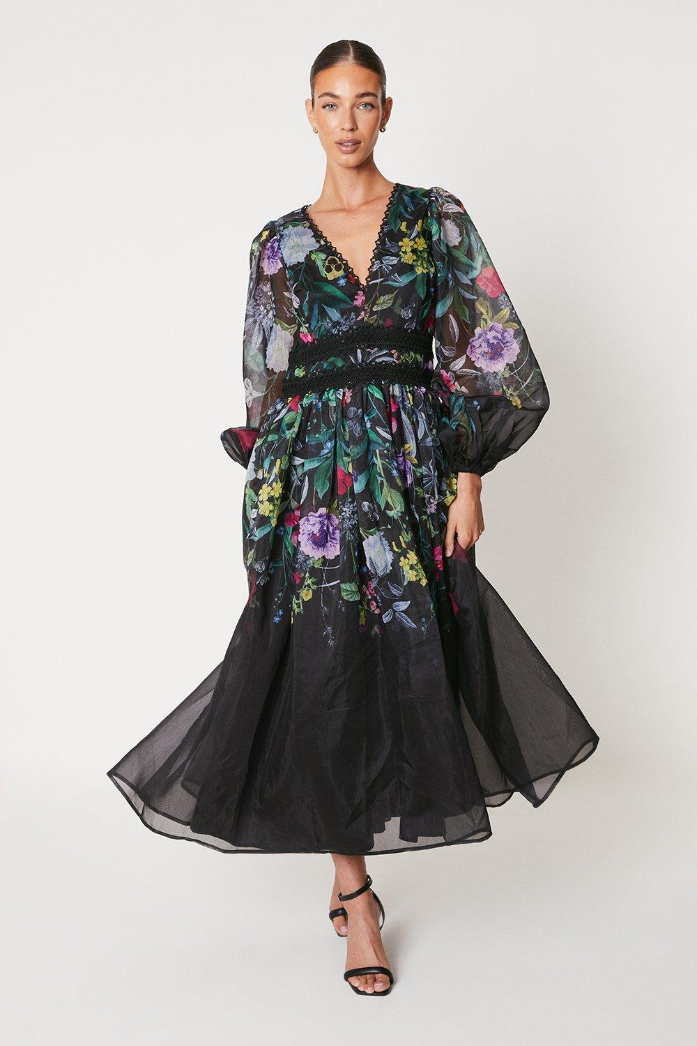 Organza Floral Placement Lace Trim Midi Dress - Black