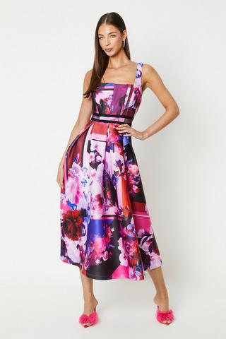 Plus Contrast Floral Embroidered Mesh Belted Pleated Dress
