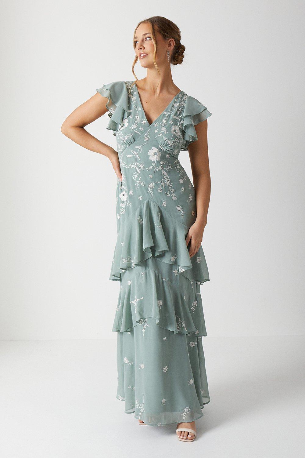 Embroidered Floral V Neck Tiered Bridesmaids Maxi Dress - Sage