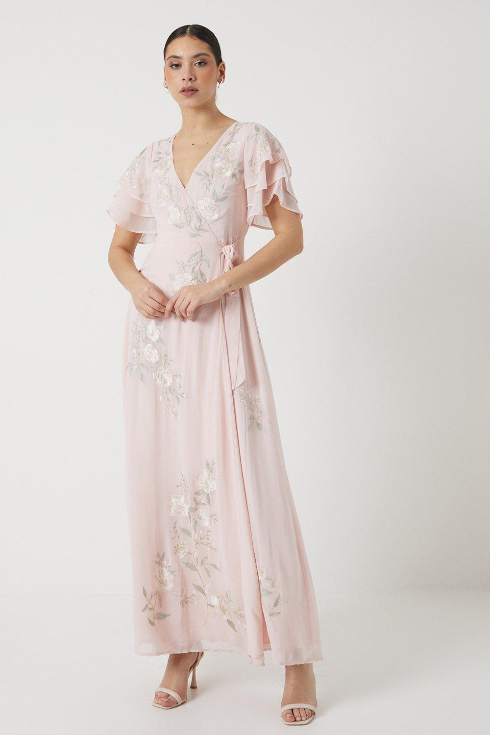 Rose Embroidered Flutter Sleeve Wrap Bridesmaids Maxi Dress - Pink