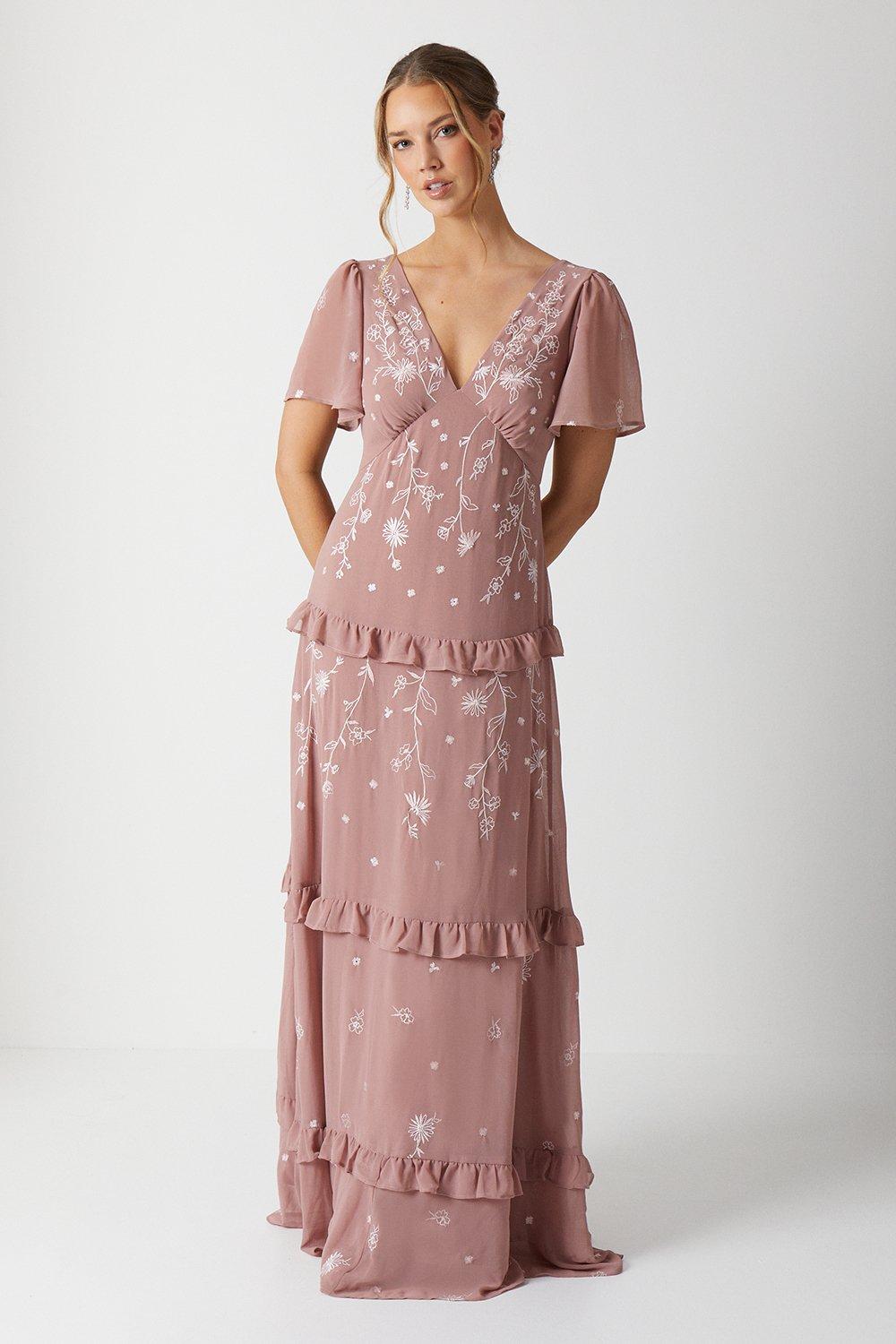 Trailing Floral Embroidered Angel Sleeve Bridesmaids Dress - Pink