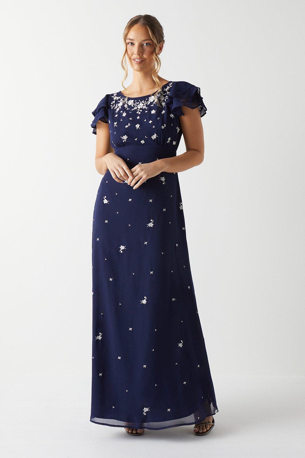 Scattered Floral Embroidered Bridesmaids Dress - Navy