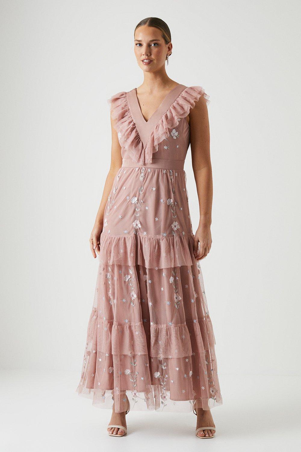 Embroidered Wildflower Mesh Bridesmaids Maxi Dress - Pink