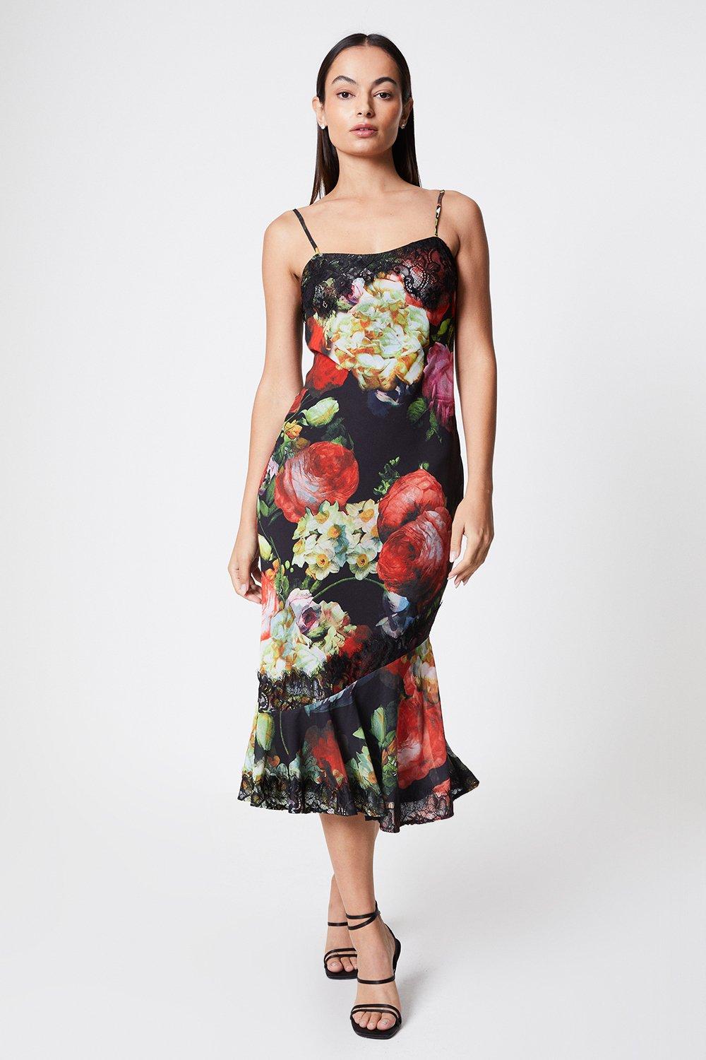 Lace Trim Floral Print Slip Dress Co-ord