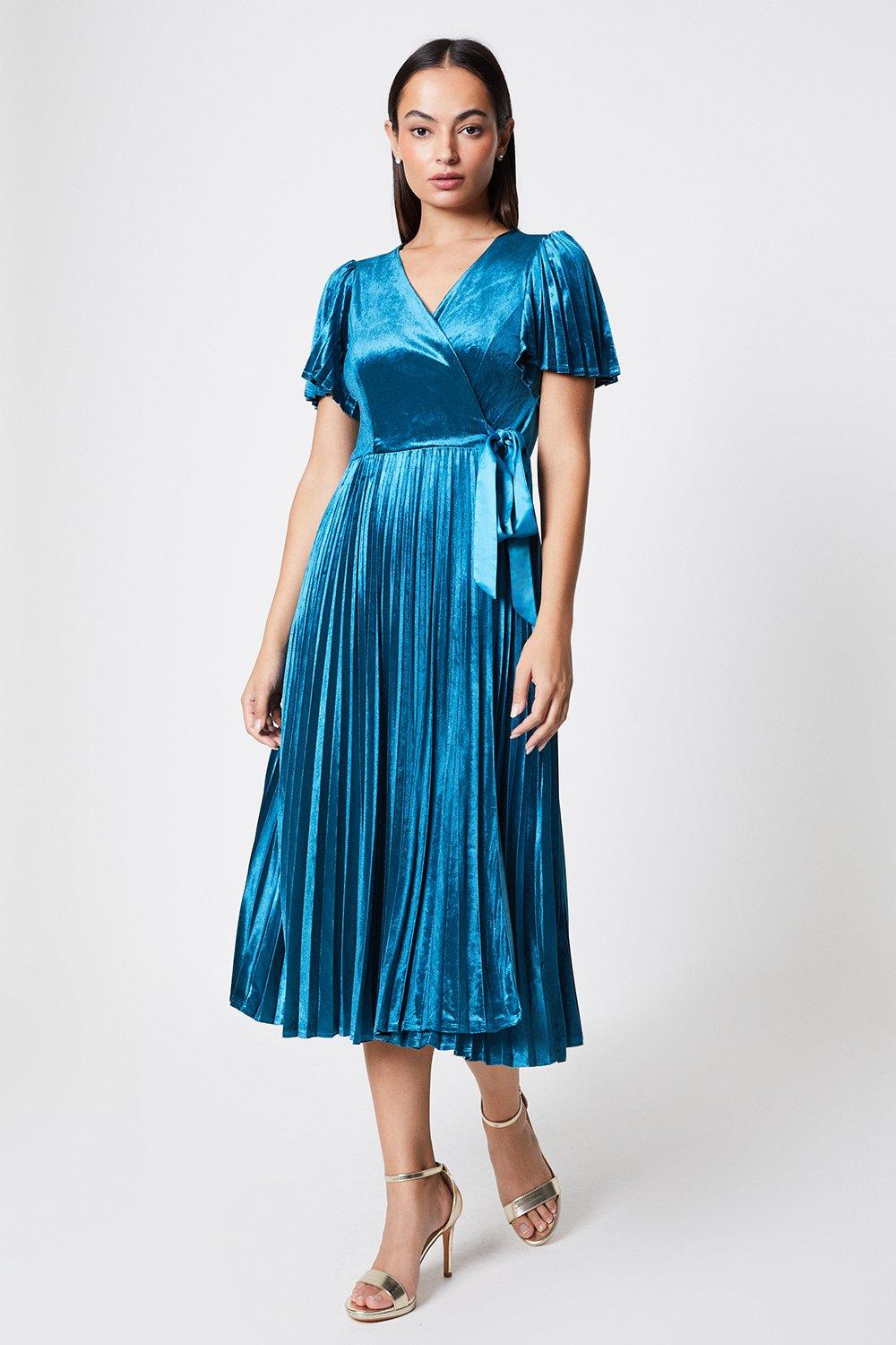 Pleated Velvet Wrap Dress - Blue