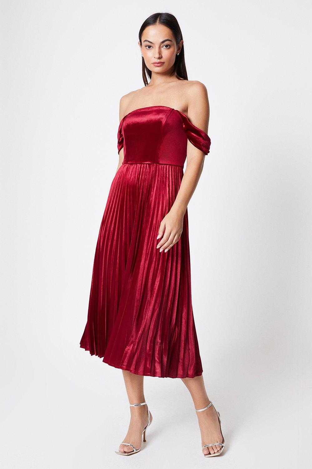 Velvet Bardot Drape Sleeve Pleated Dress - Crimson