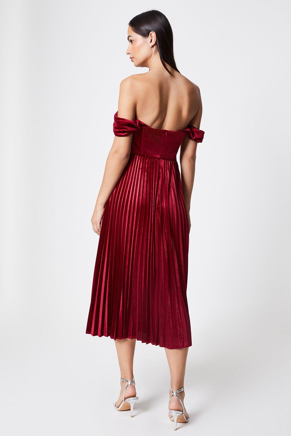 Pleated velvet shop bardot midi dress