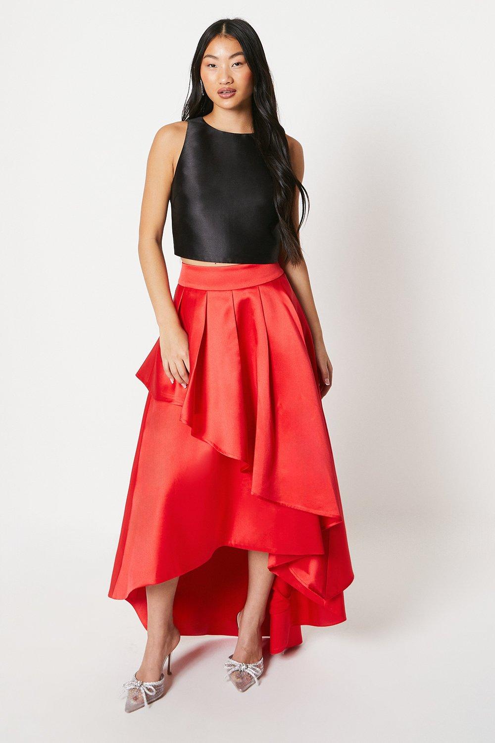 Petite Waterfall Front Twill Maxi Skirt - Red