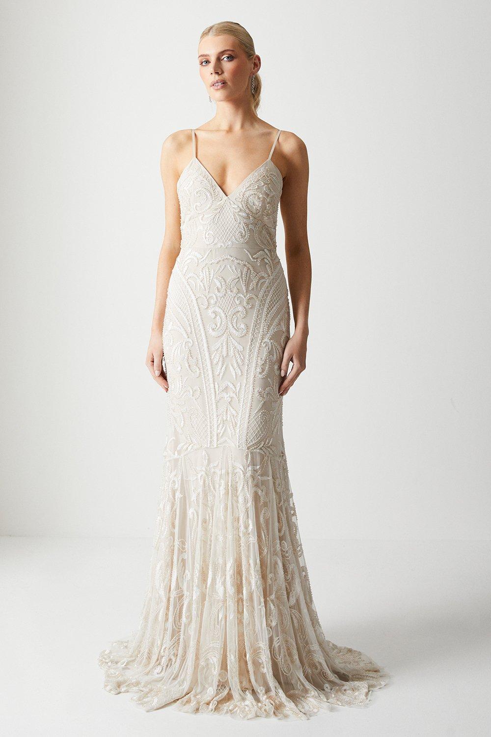 Premium Placement Beadwork Strappy Fishtail Wedding Dress - Nude