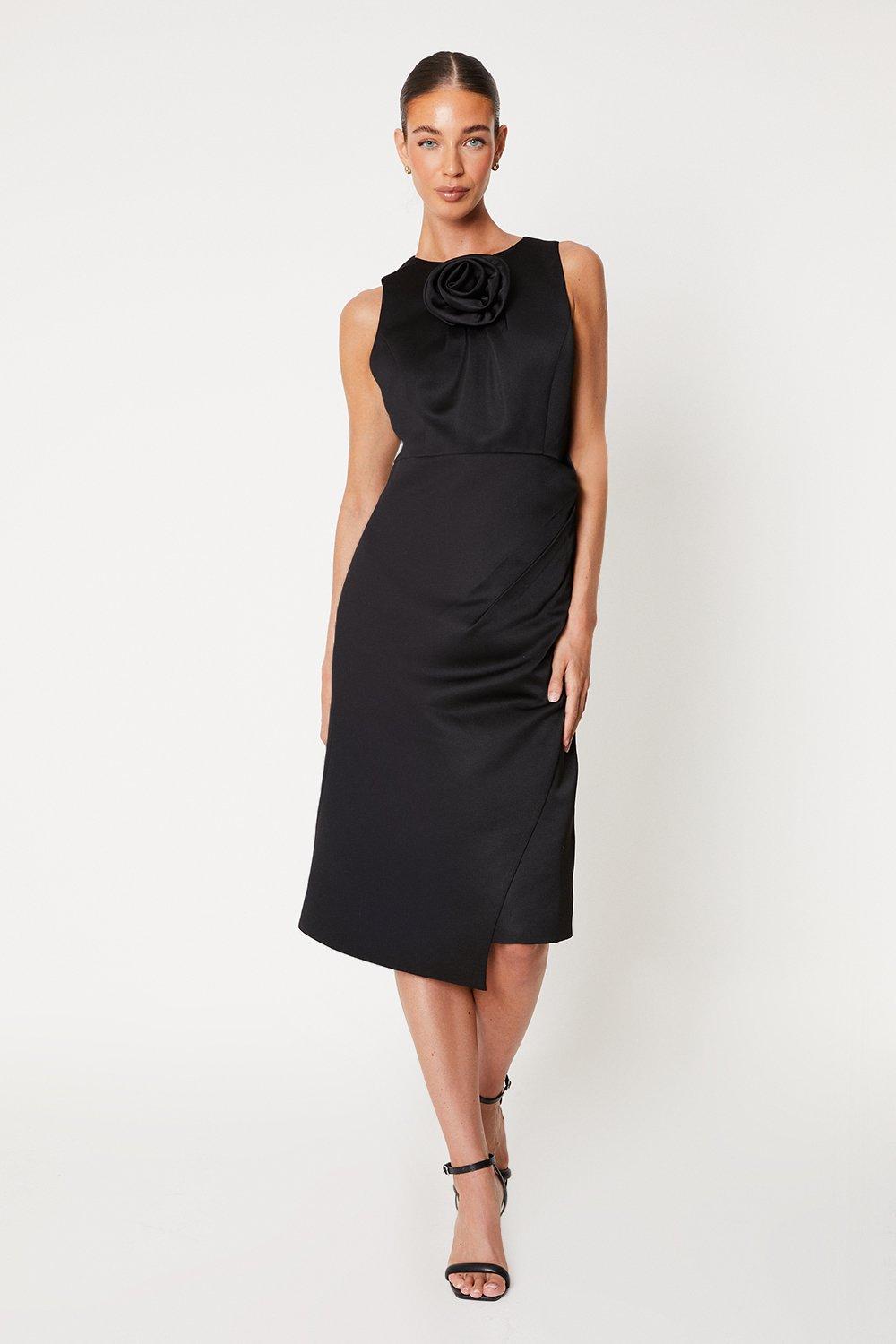3d Rose Wrap Skirt Midi Dress - Black