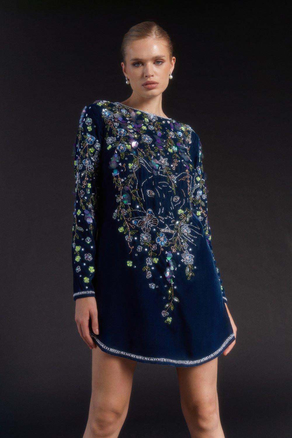 Julie Kuyath Velvet Embellished Mini Dress - Navy