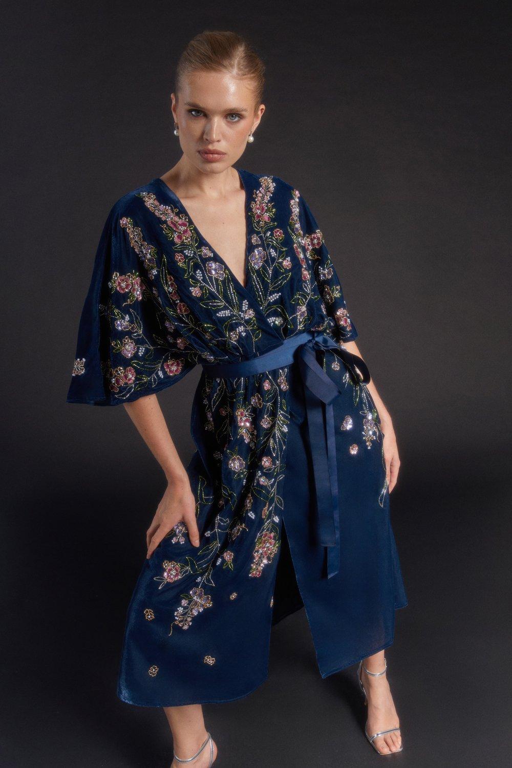 Julie Kuyath Velvet Embellished Wrap Dress - Navy