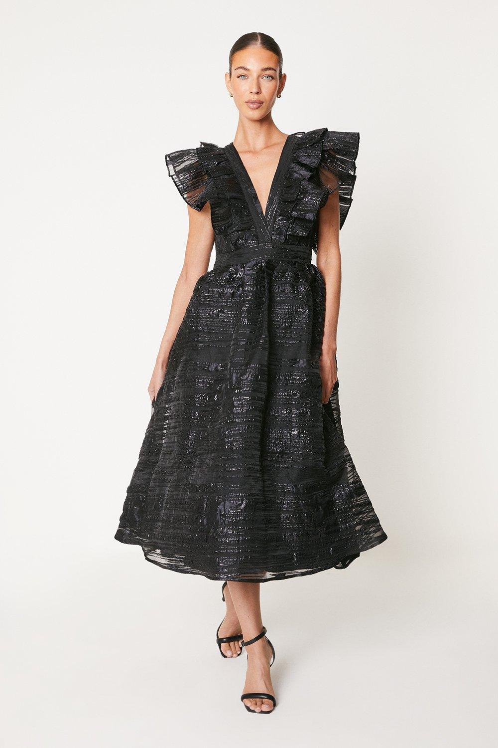 V Neck Ruffle Jacquard Midi Dress - Black