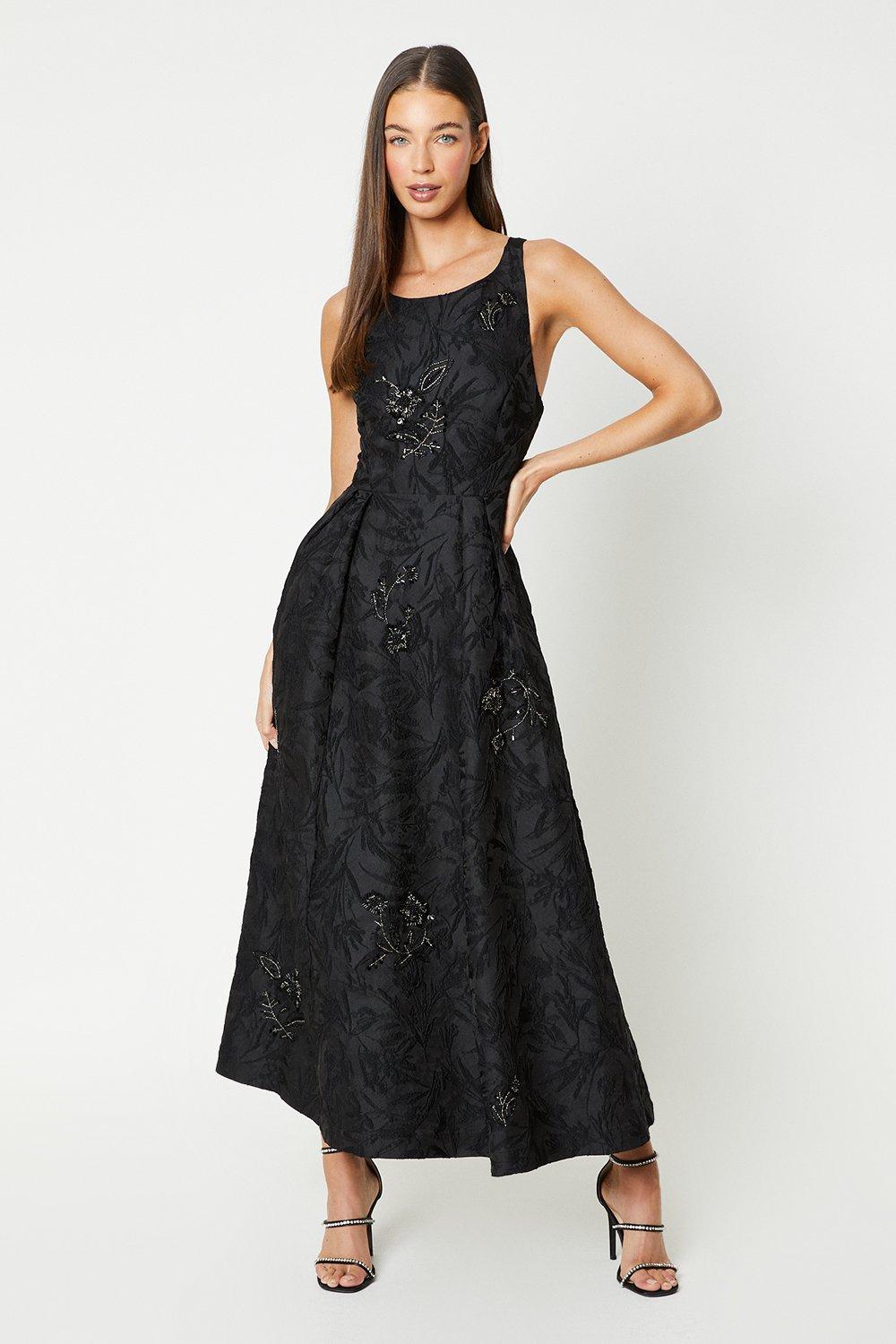 Premium Embellished Jacquard Cross Back Dress - Black