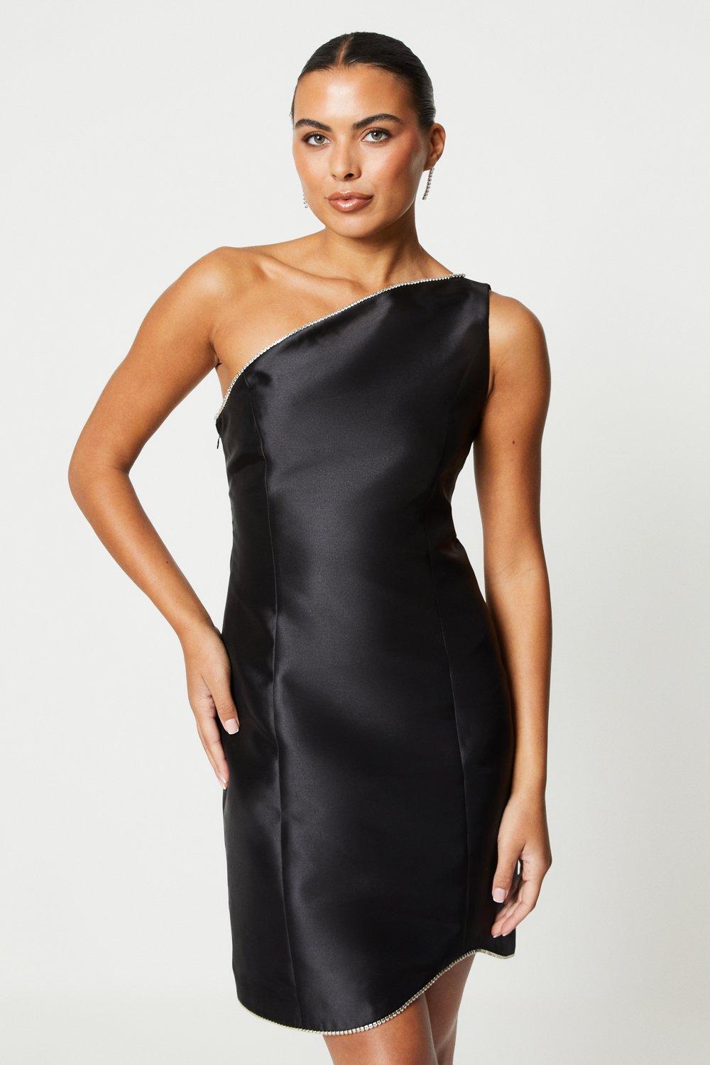 One Shoulder Twill Mini Dress With Sequin Trim - Black