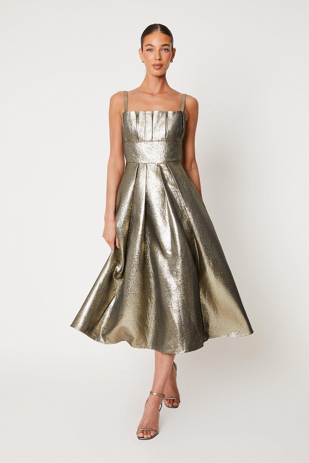 Pleat Top Cami Midi Jacquard Dress - Gold