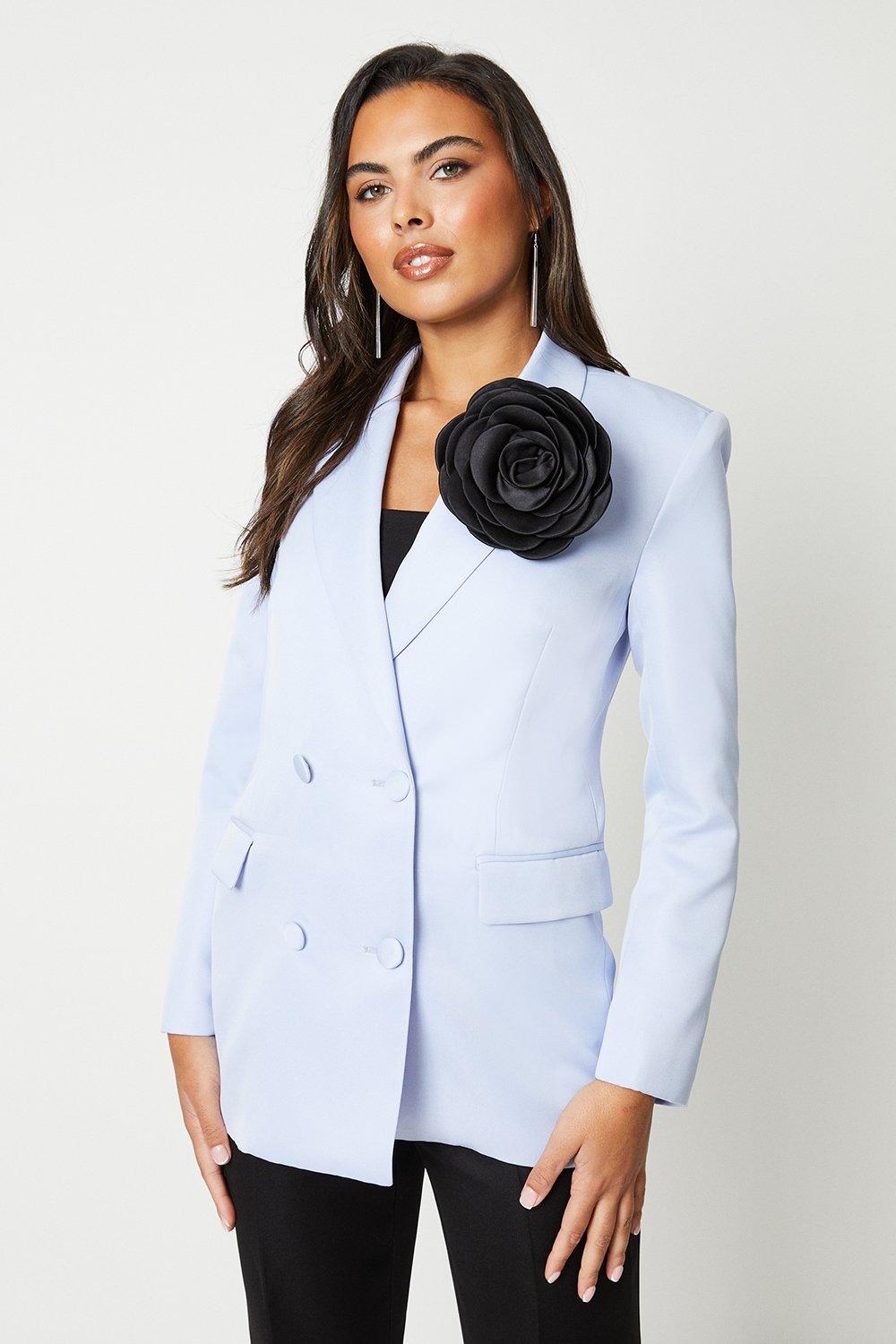 Corsage Double Breasted Blazer - Grey Blue