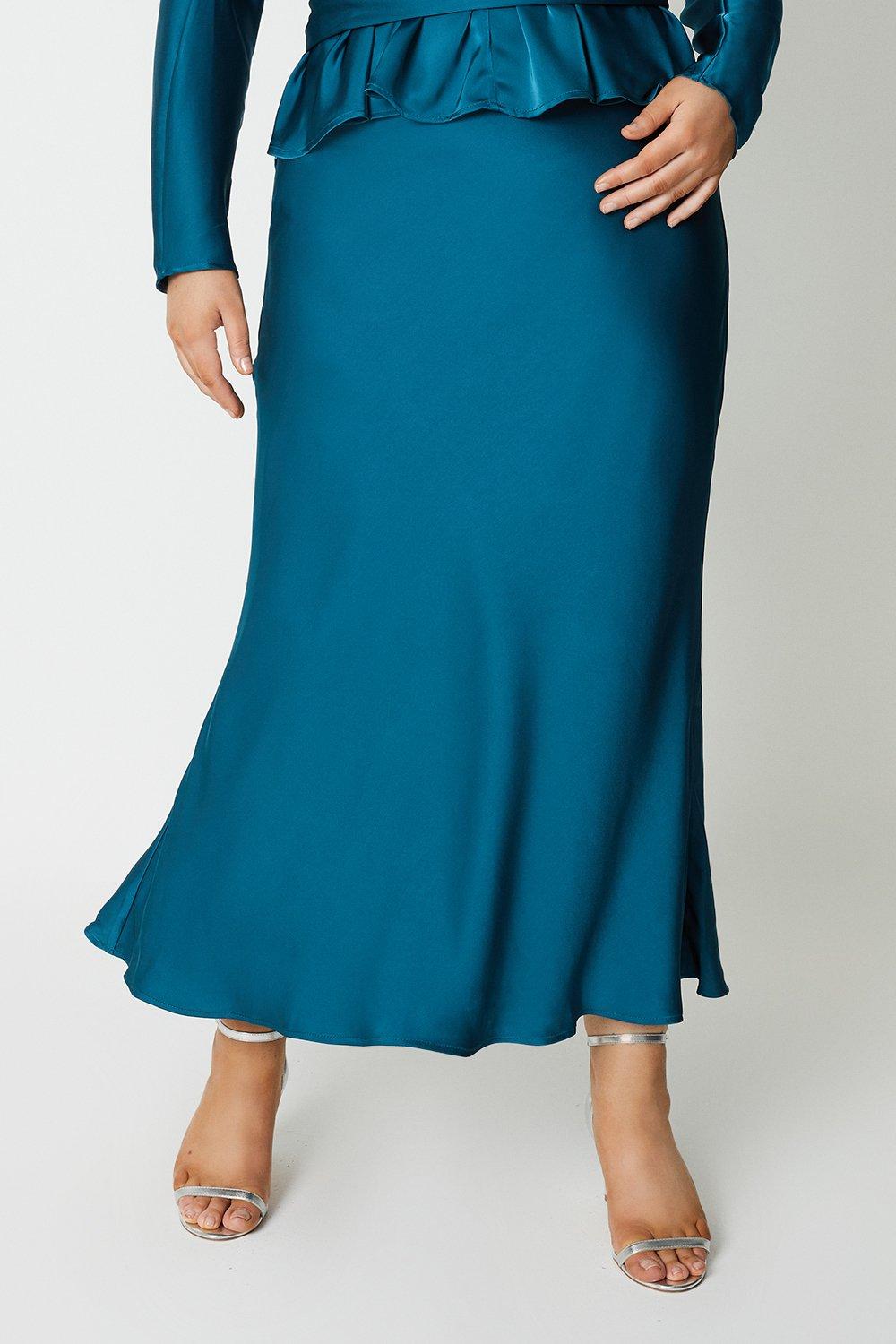 Plus Satin Maxi Skirt - Blue
