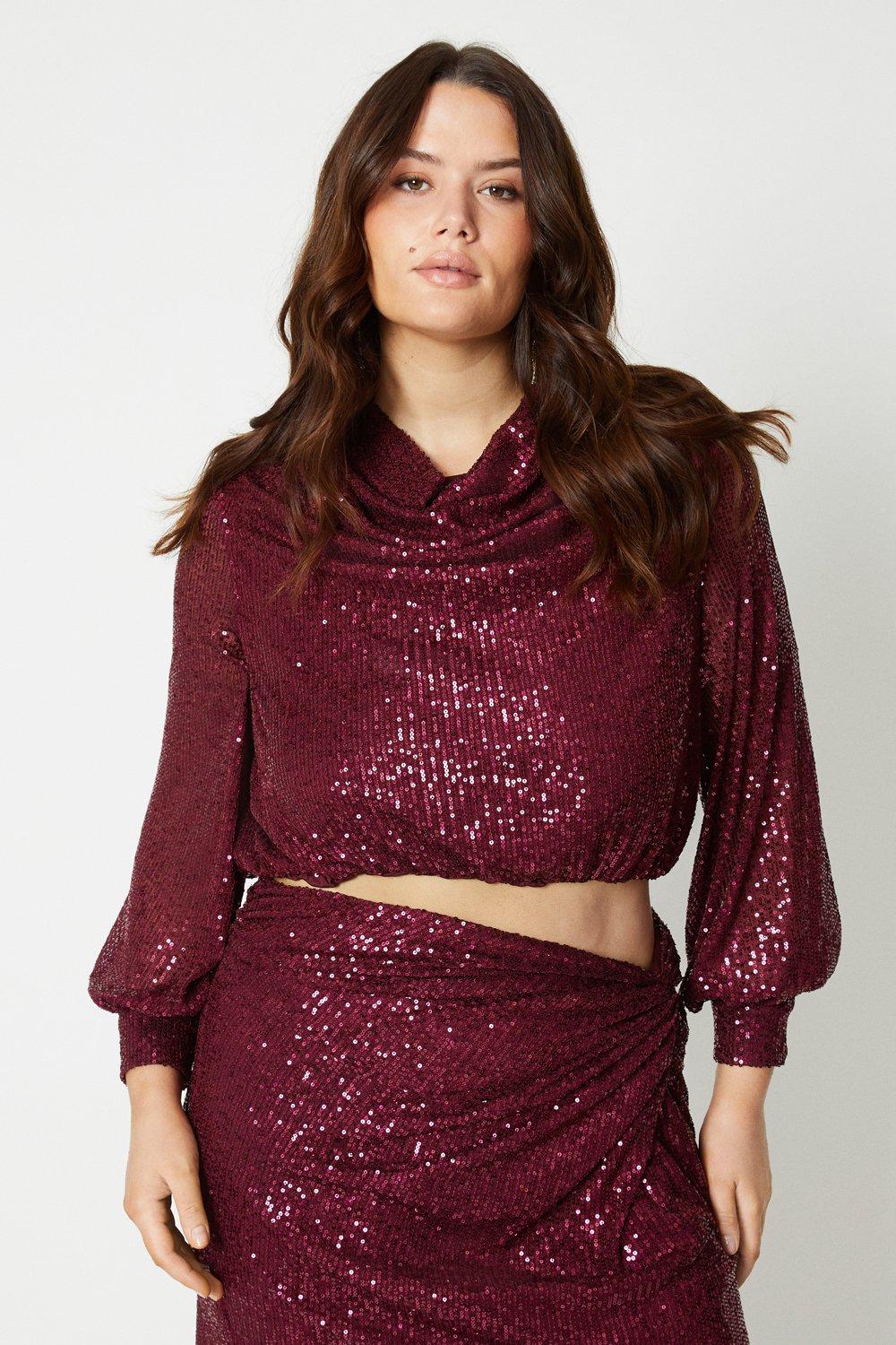 Plus Sequin Long Sleeve Top - Red