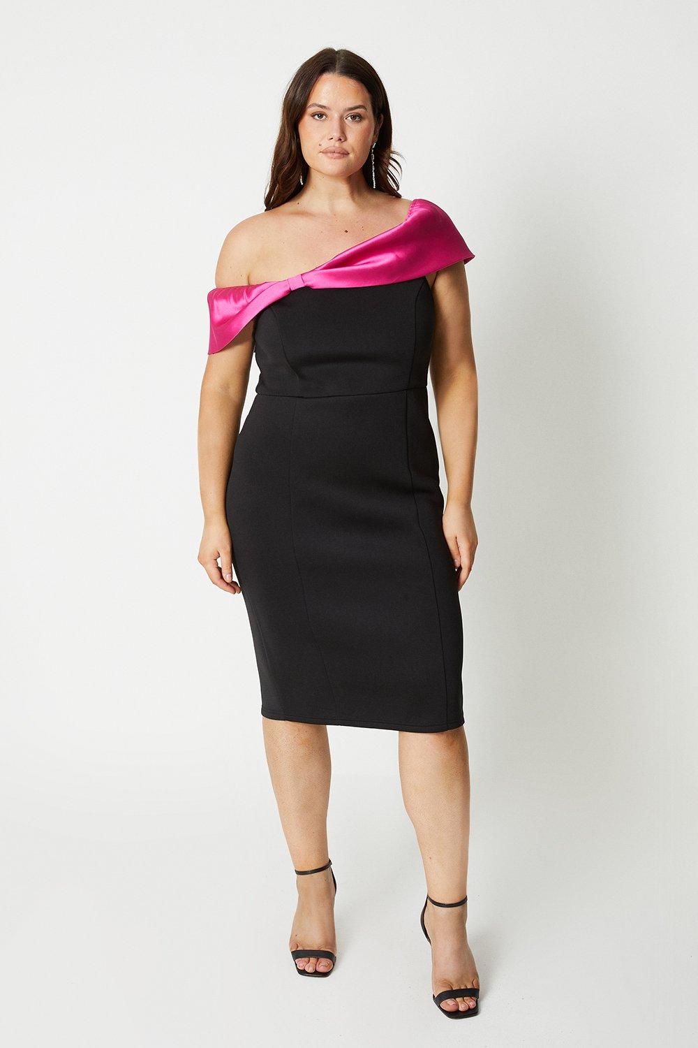 Plus Size Bow Detail Bardot Scuba Pencil Dress - Black