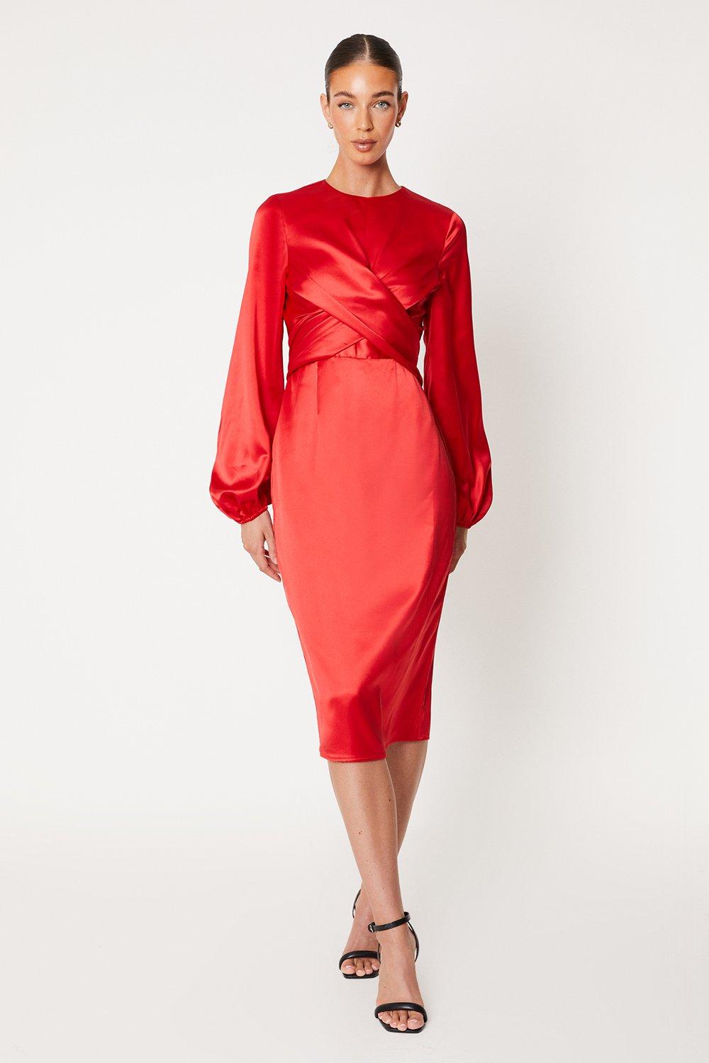 Wrap Waist Blouson Sleeve Midi Dress - Red