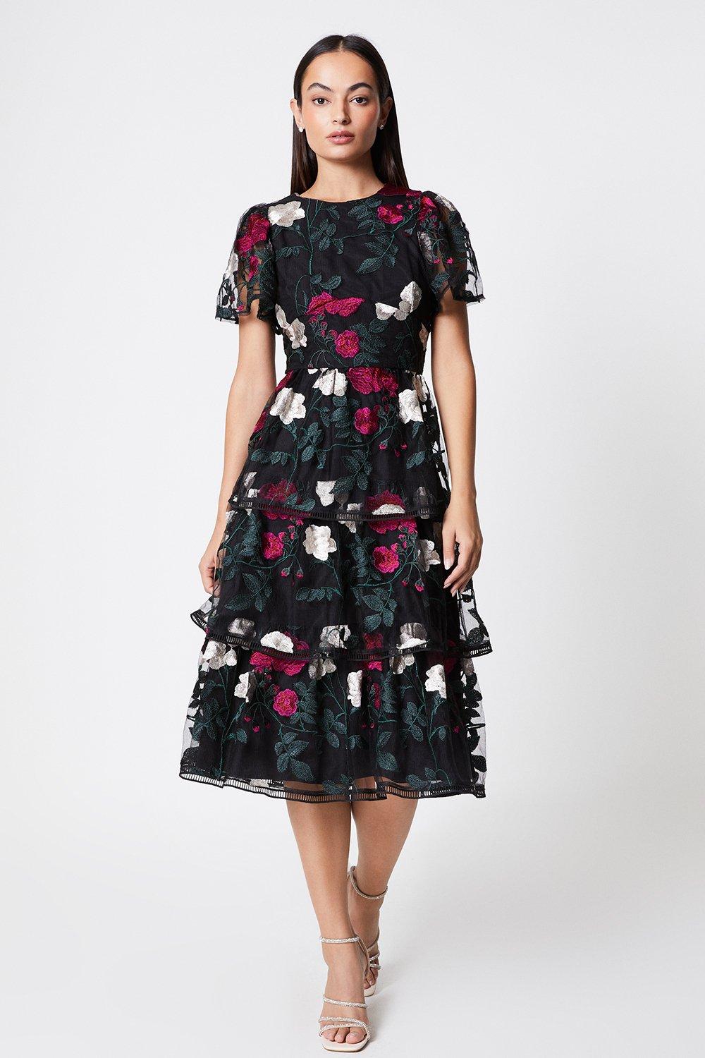 Tiered floral embroidered top mesh midi dress