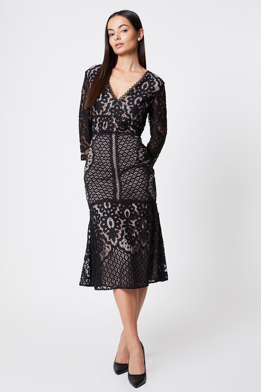 Frill Contrast Lining Lace Dress - Black