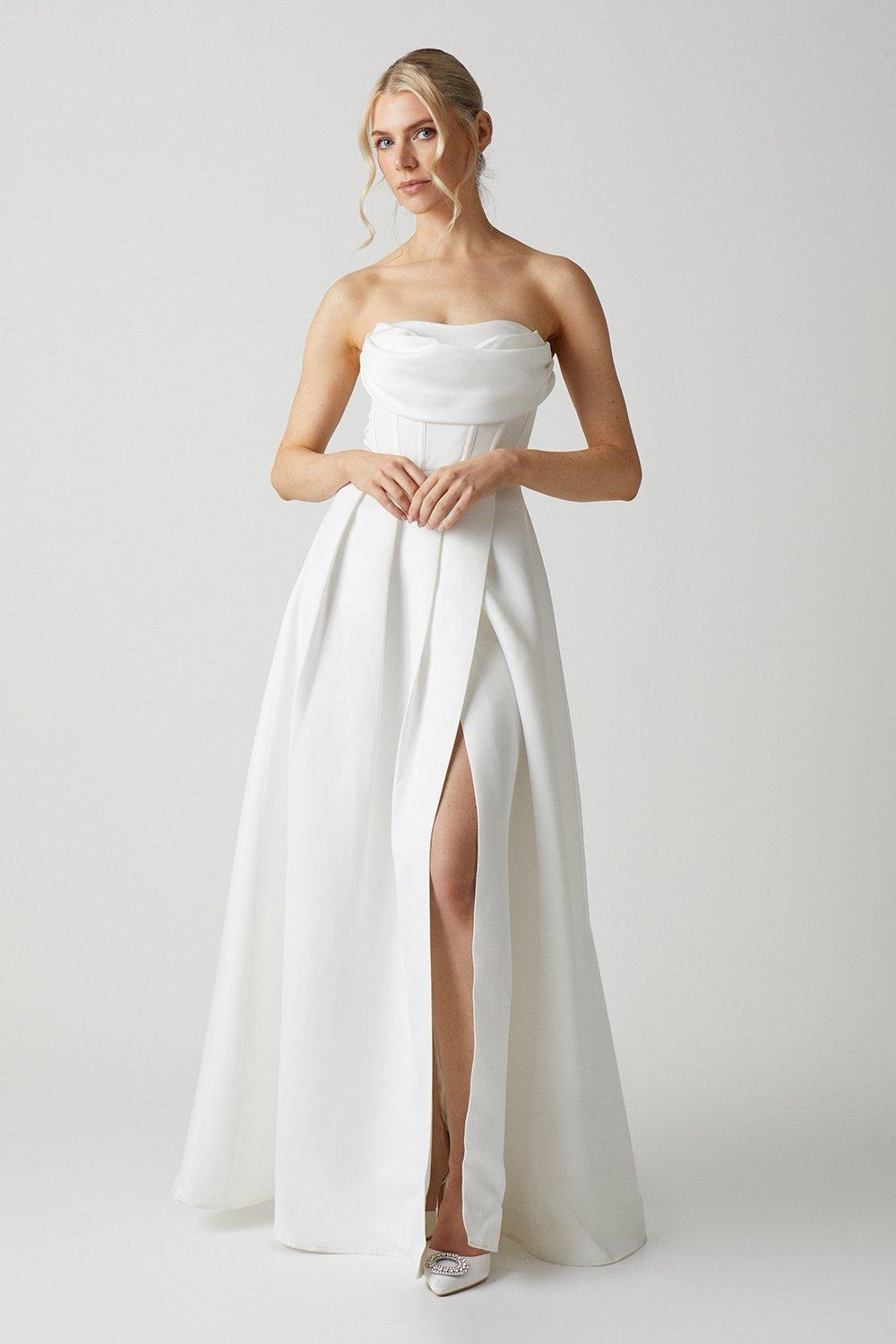 Full Skirted Cowl Neck Satin Wedding Dress - Ivory