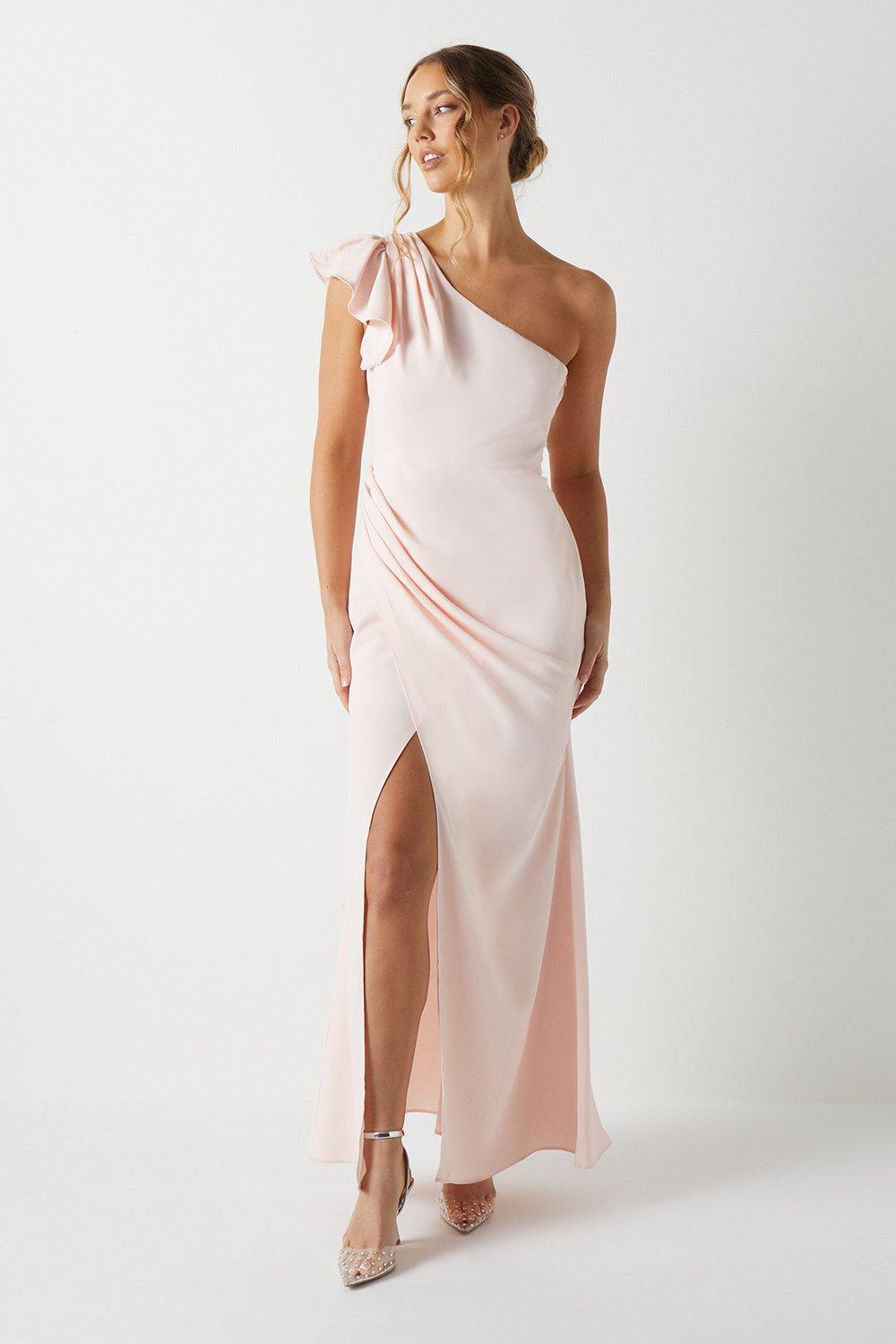 One Shoulder Drape Skirt Crepe Bridesmaids Dress - Pink