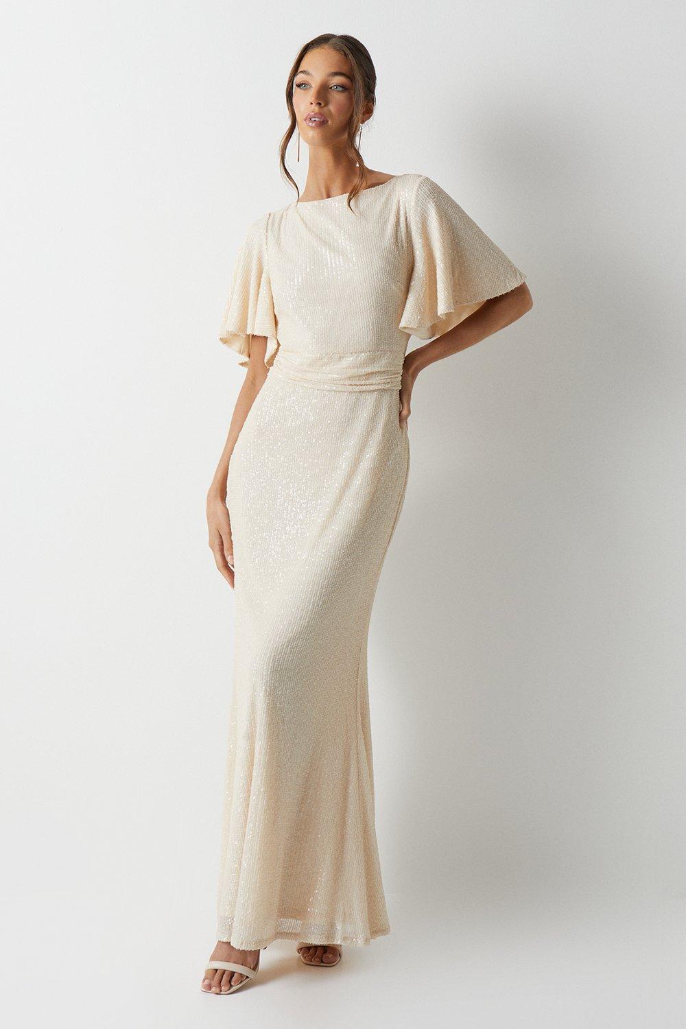Cowl Back Angel Sleeve Sequin Bridesmaids Dress - Ivory