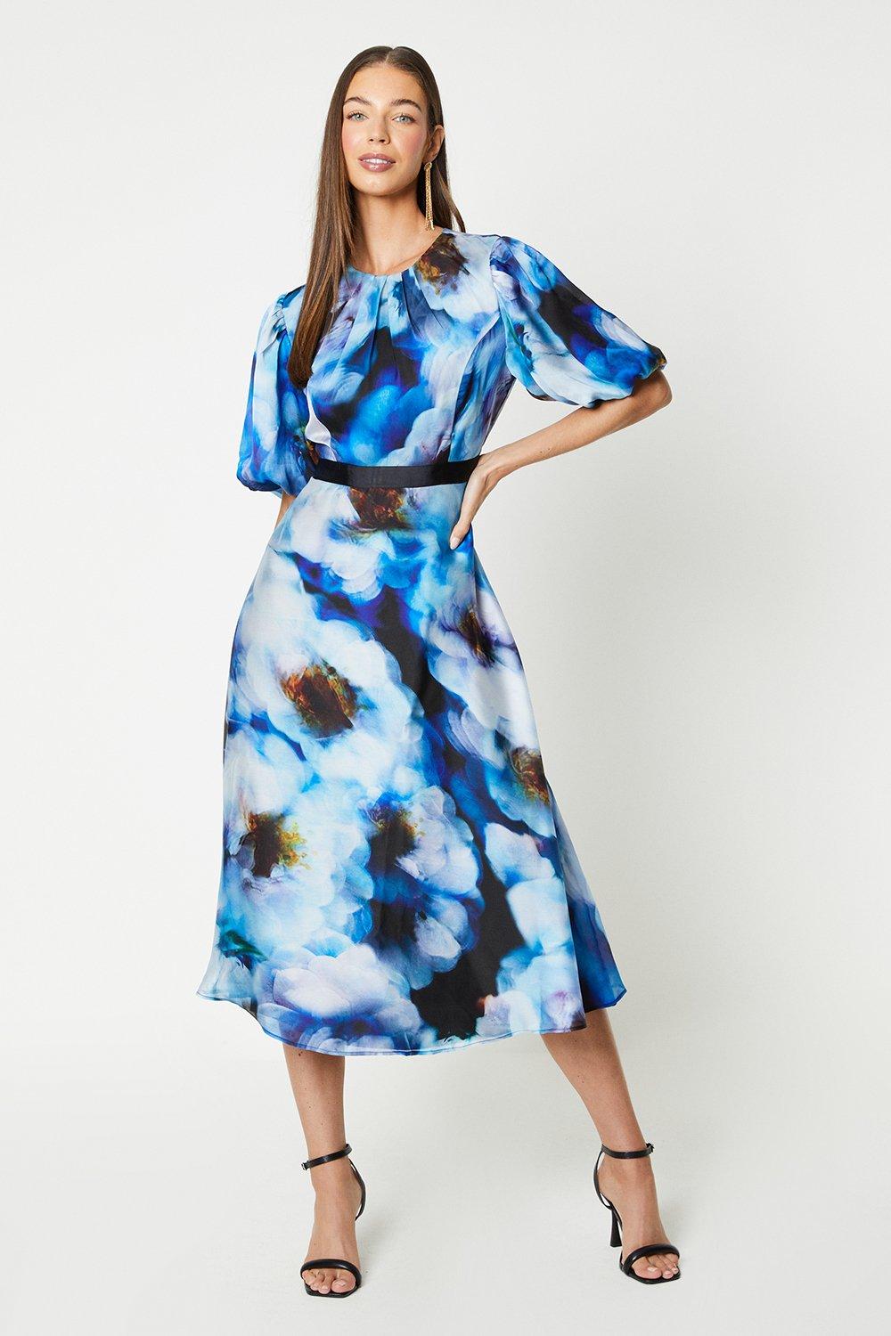 Puff Sleeve Fluid Skirt Midi Dress - Blue