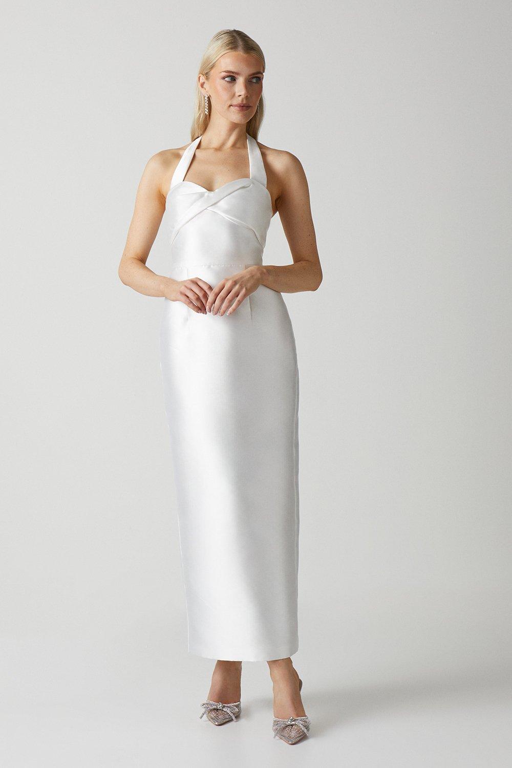 Halterneck Twill Column Wedding Dress - Ivory