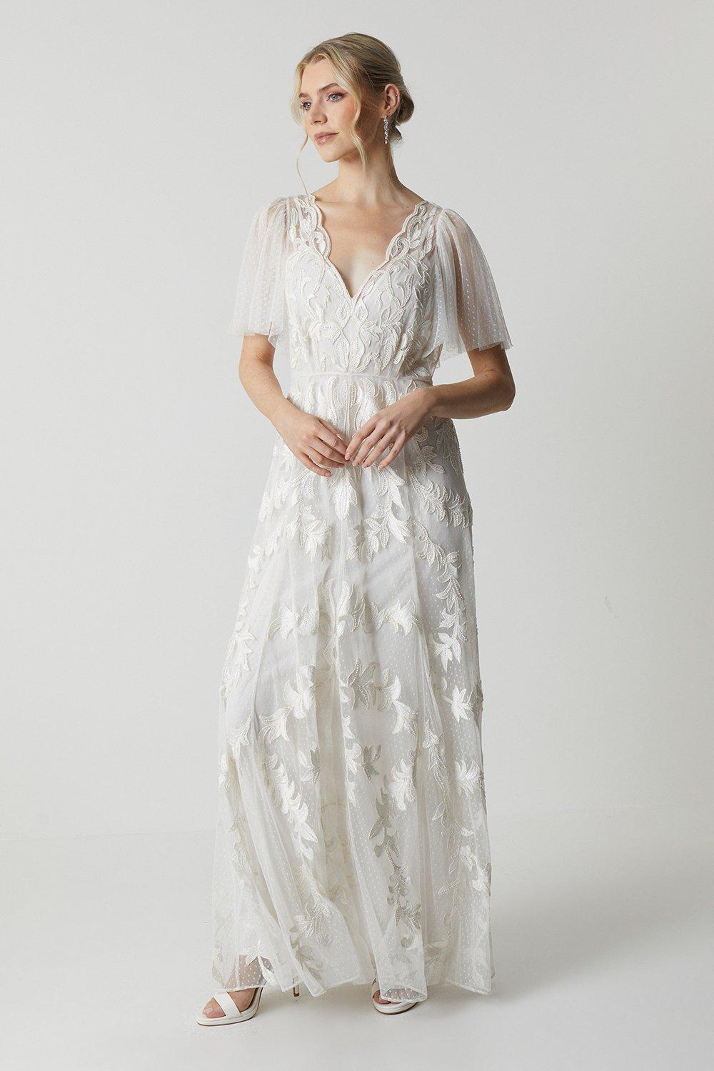 Premium Lace Overlay Embellished Wedding Dress - Ivory