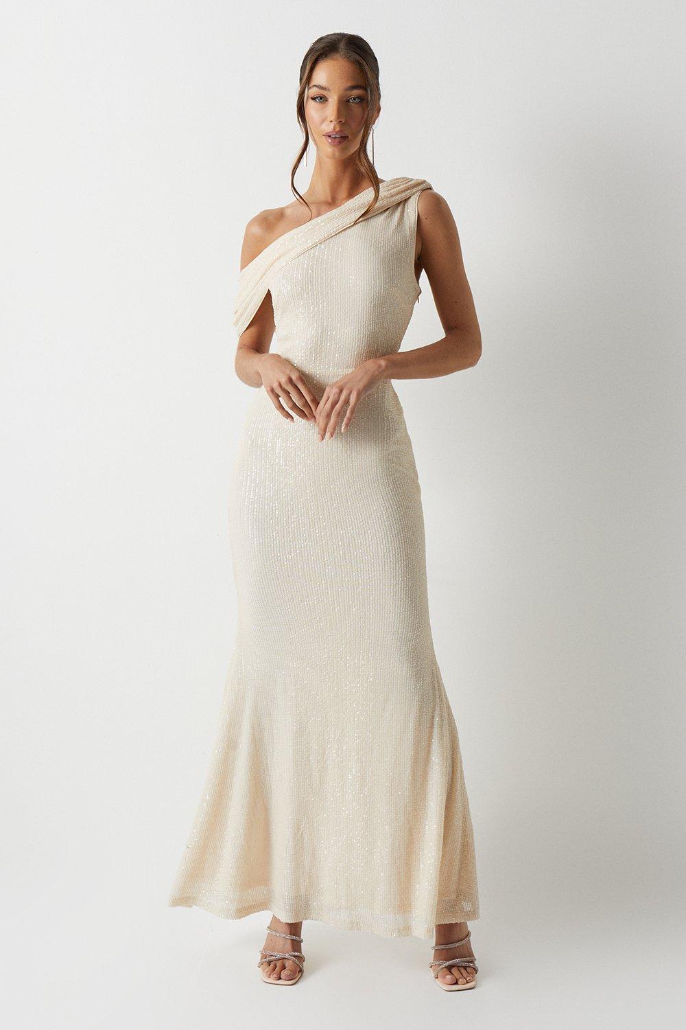 Fallen Shoulder Sequin Bridesmaids Maxi Dress - Ivory