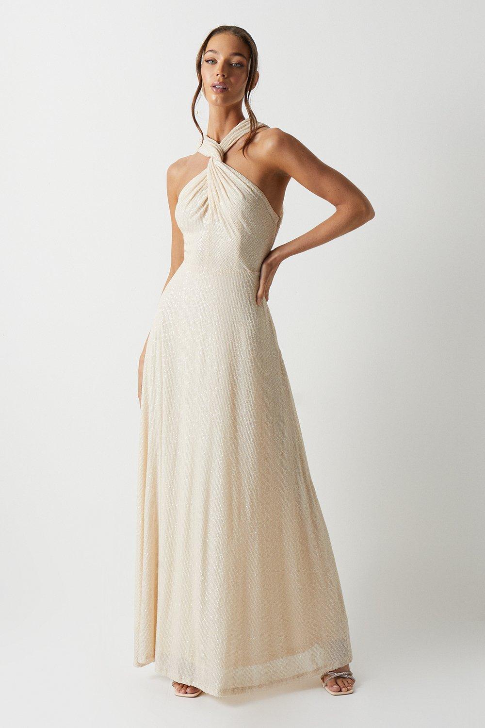 Cross Neck Sequin Bridesmaids Maxi Dress - Ivory