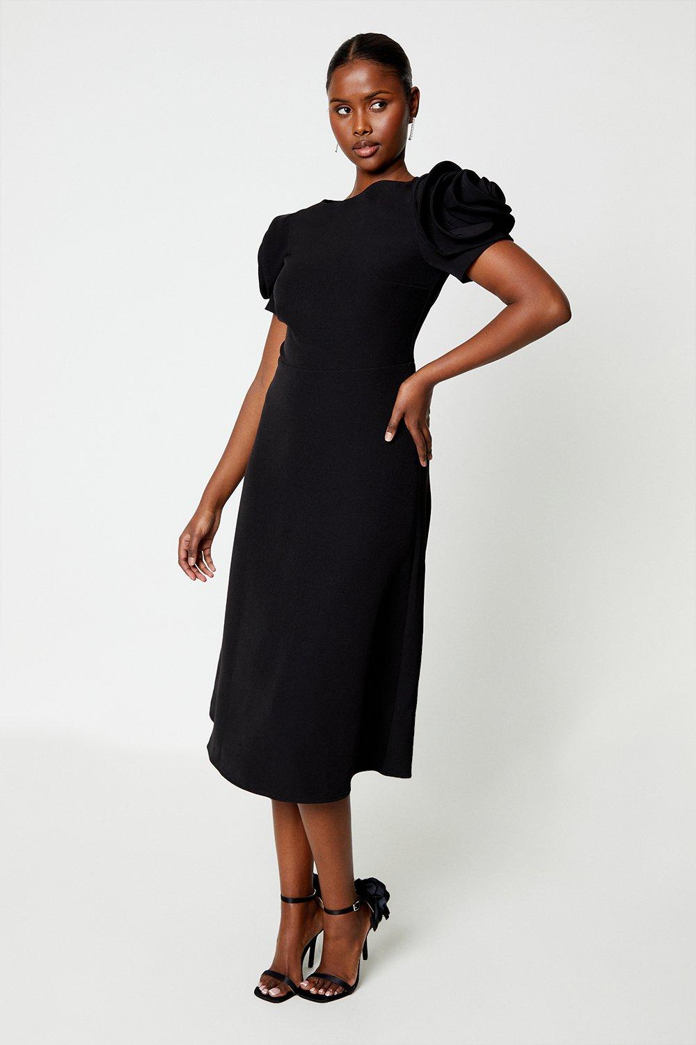 Rose Shoulder Crepe Midi Dress - Black