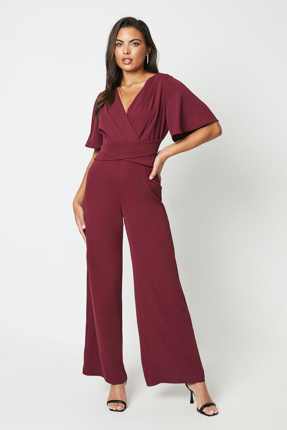Cross Front Angel Sleeve Jumpsuit - Red