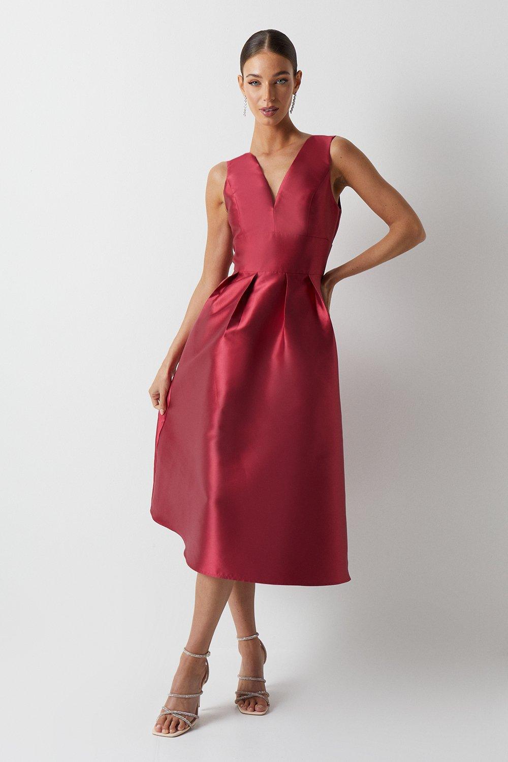 Plunge Neck Structured Twill Midi Dress - Red